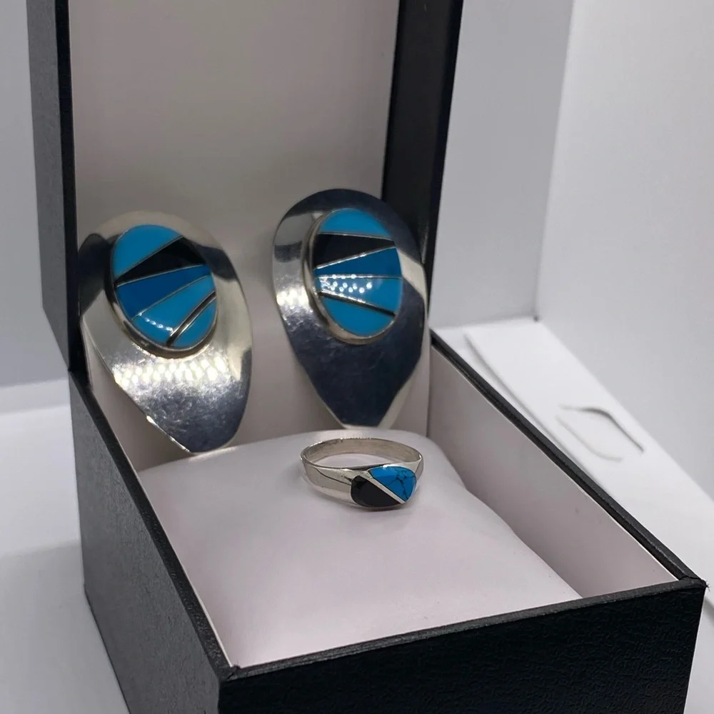 Sterling Silver Block Multi Stone Inlay Post Earrings SIGNED turquoise Navajo - Picture 11 of 16